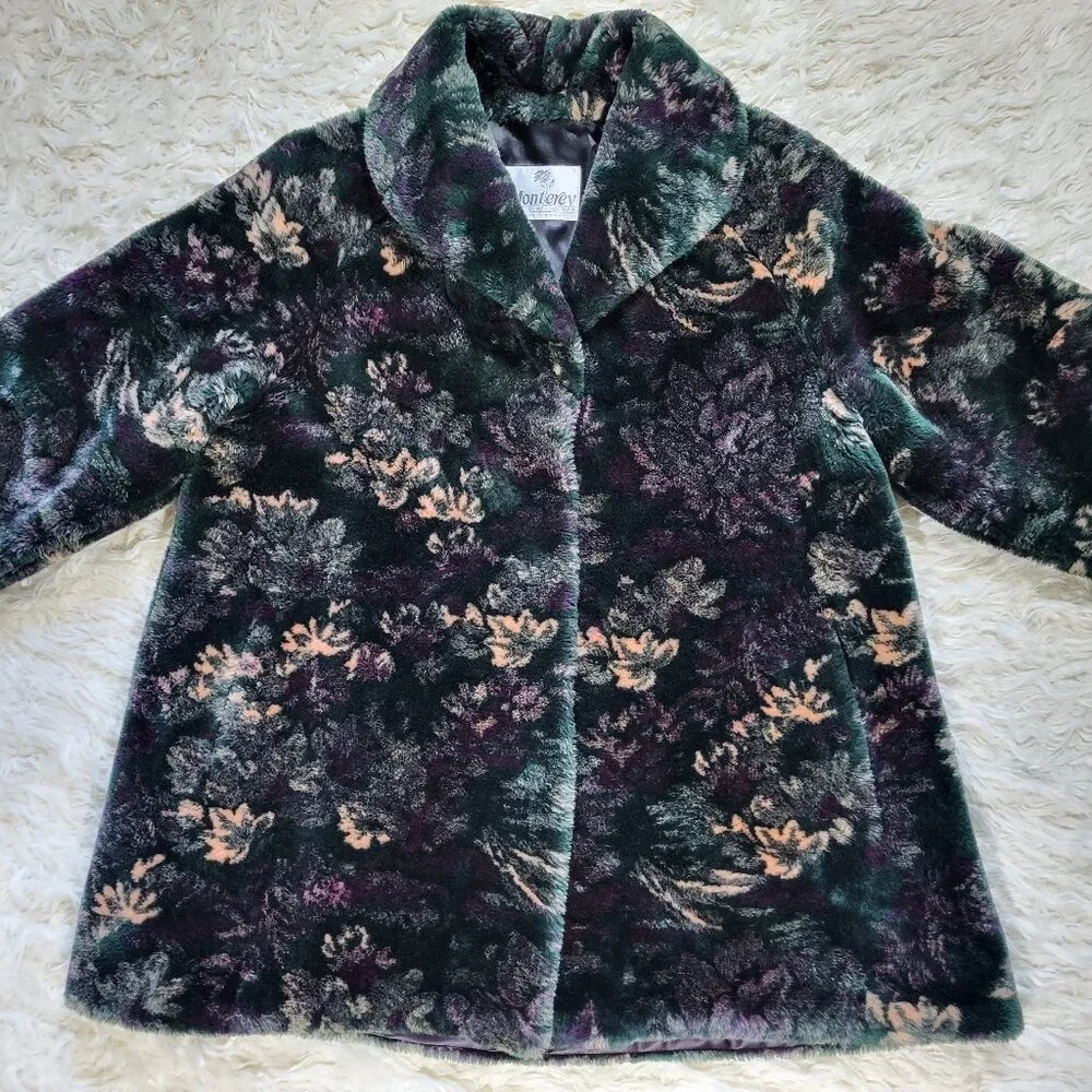 Vintage Monterey Fashions Faux Fur Black Leaf Swing Coat Jacket Medium - Picture 2 of 15